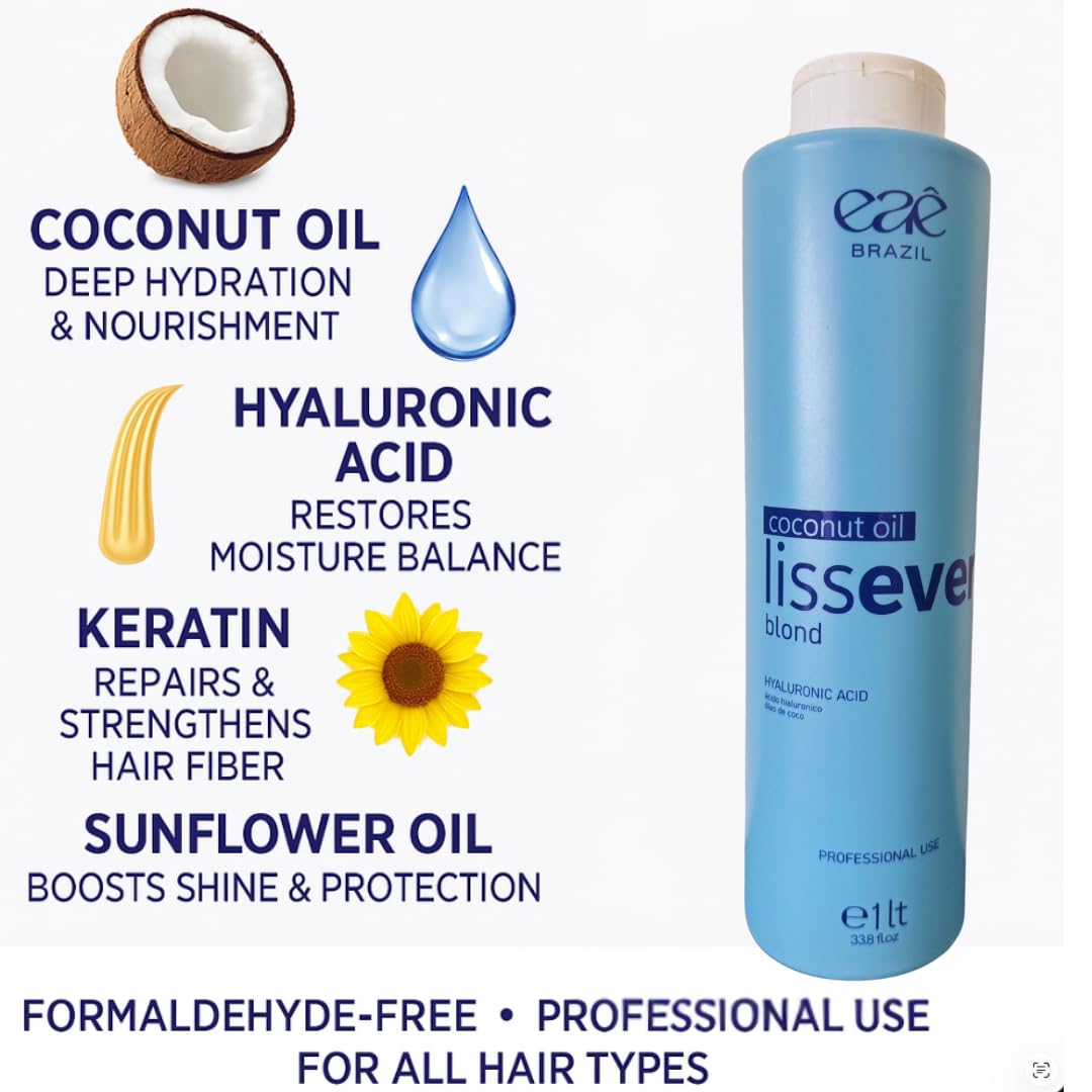 Eae Cosmeticos Brazil LissEver Blond Hair Smoothing Mask – 1000mL Professional Treatment with Coconut Oil, Keratin & Hyaluronic Acid – Formaldehyde-Free, Deep Hydration & Shine