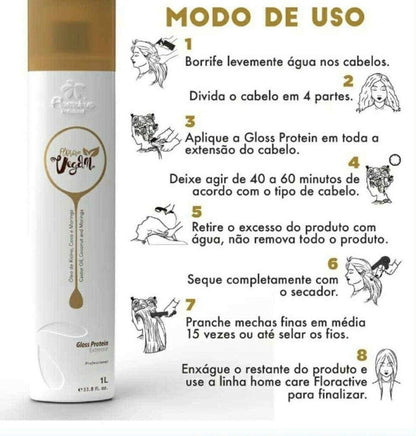 Floractive Vegan Gloss Protein Extreme One Step Nanoplastia – 1000mL – Brazilian Keratin Treatment