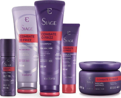 Siàge Combate Frizz Kit – Shampoo 250mL, Conditioner 200mL, Magic Spray 50mL, Mask & Combing Cream – 5×1
