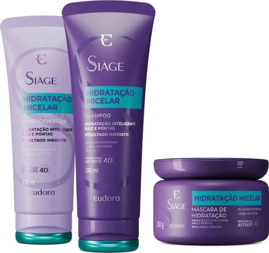 Eudora Siàge Micelar Hydration Combo — Shampoo 250ml, Conditioner 200ml & Hair Mask 250g - 3x1