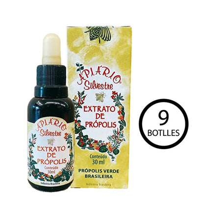 Apiário Silvestre Brazilian Green Bee Propolis – Alcoholic Extract 30mL – Pack of 9 Bottles